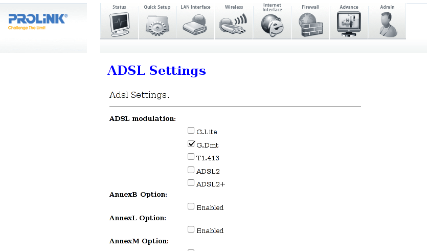 PROLiNK ADSL2+ Router - ADSL Modulation